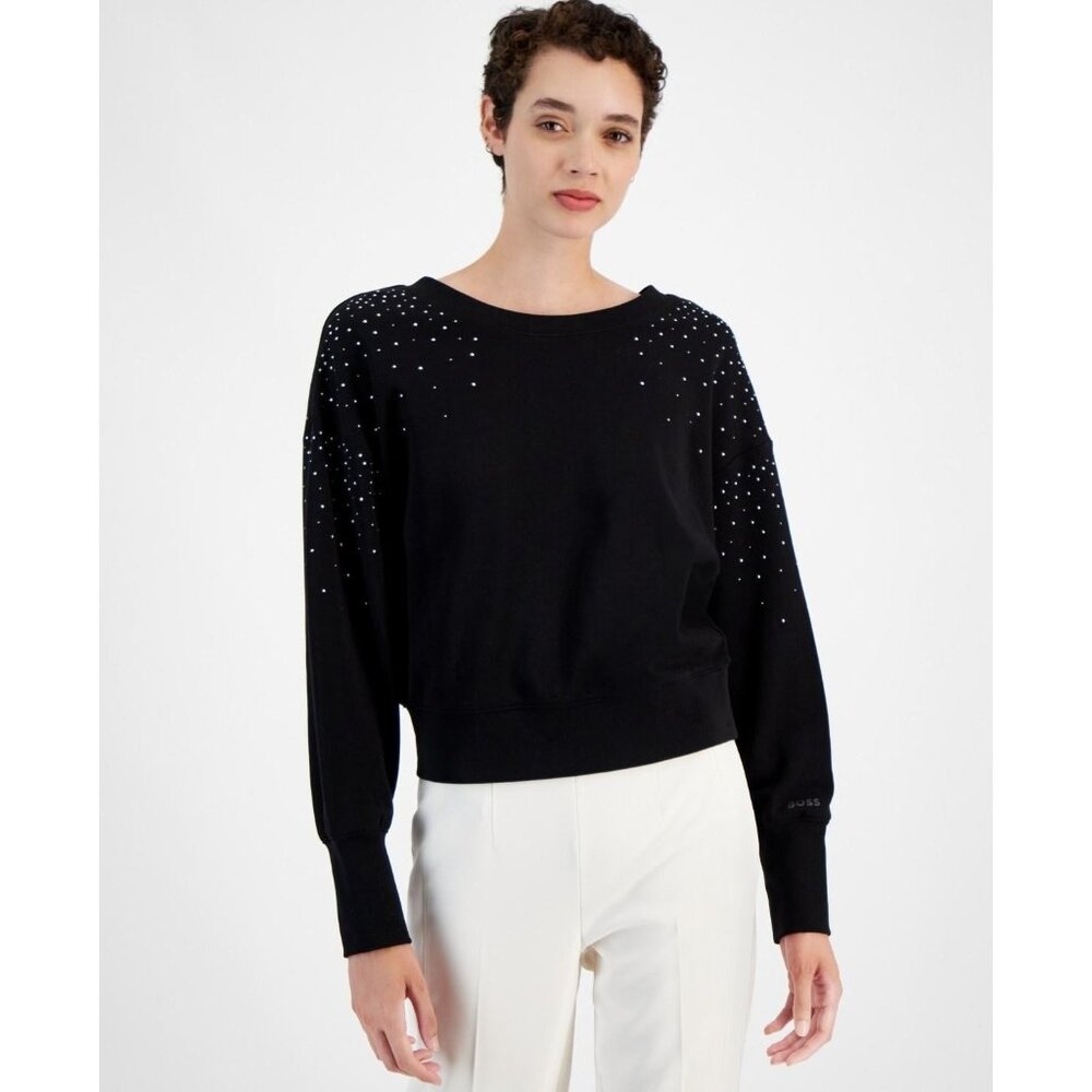 Boss Shirt Womens Size L Black Rhinestone Long Sleeve Boat Neck Top $98